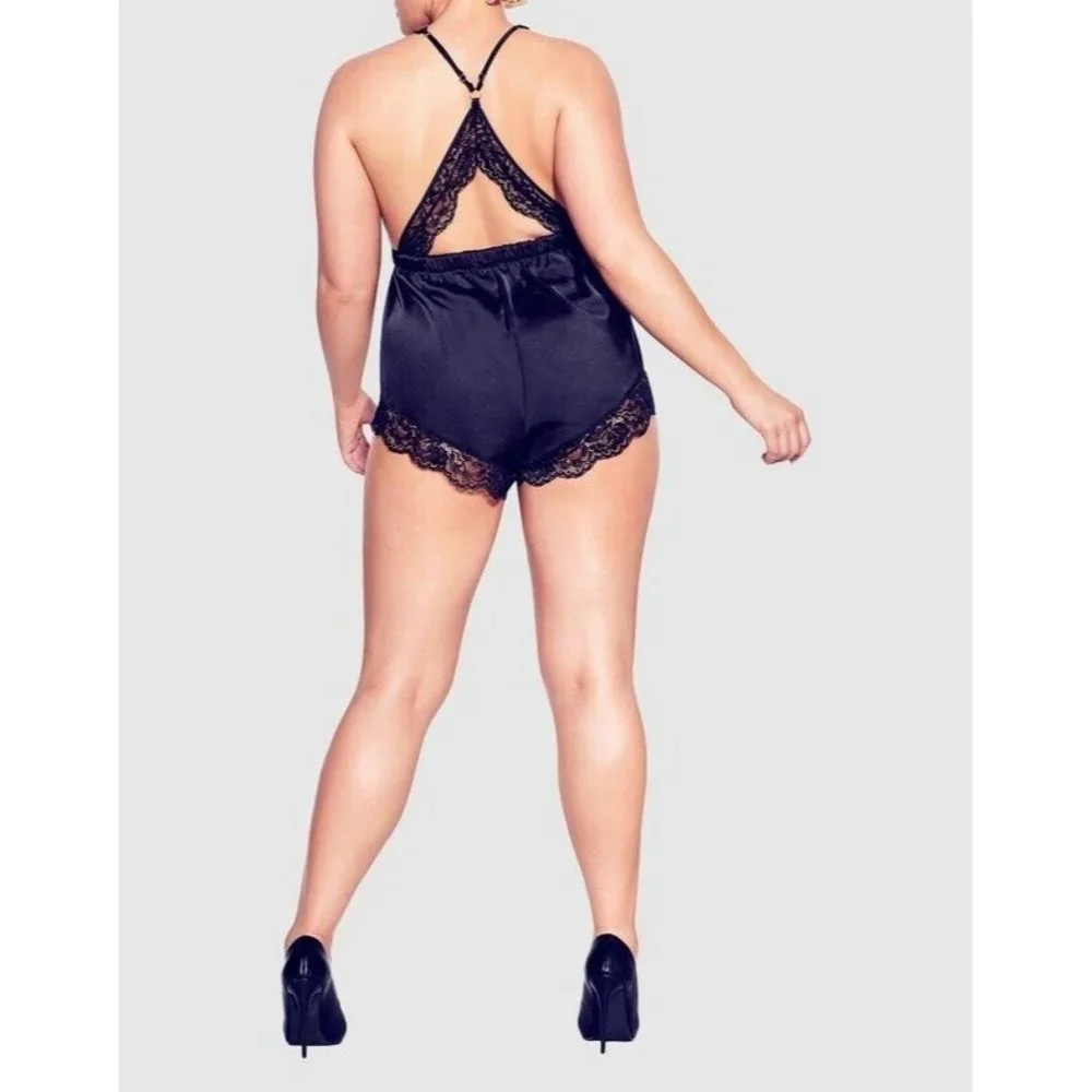 *New Fox Royal Slinky Romper Black Women Size XXS (12) Sexy Lace Strap Sleepwear